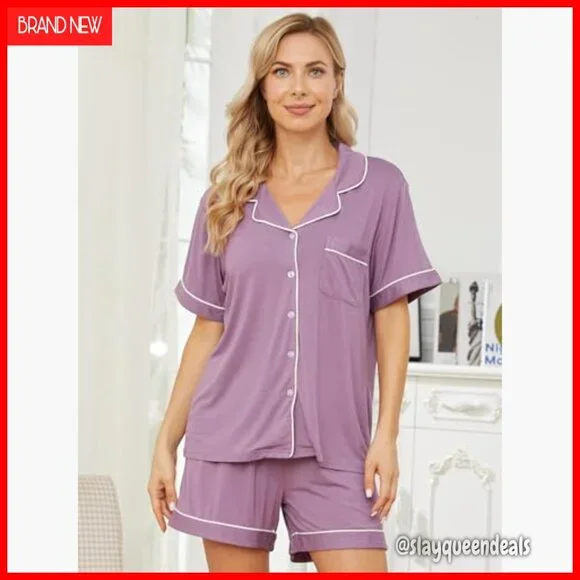 Soft Short Sleeve Pajama Set with Pockets, Button Down, XS-XXL
